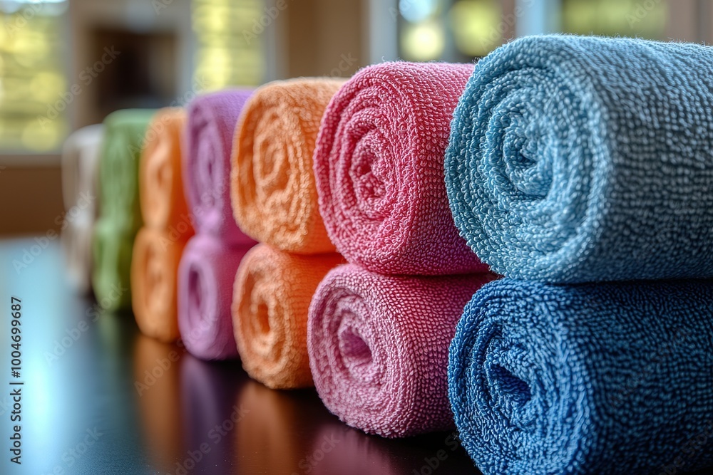 Poster a row of colorful towels are stacked on a table