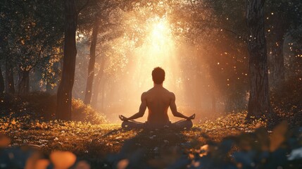 Obraz premium Young man meditating in the forest at sunset, back view