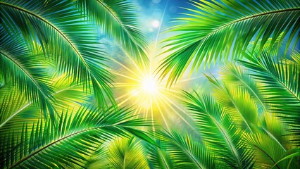 Obraz premium Vibrant summer background featuring lush green palm leaves, radiant sun, and abstract white brush strokes, perfect for creative graphic designs and seasonal projects.