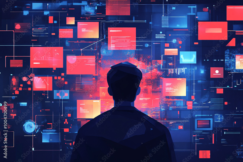 Poster silhouette of a figure viewing a wall of screens filled with data and notifications in a digital spa
