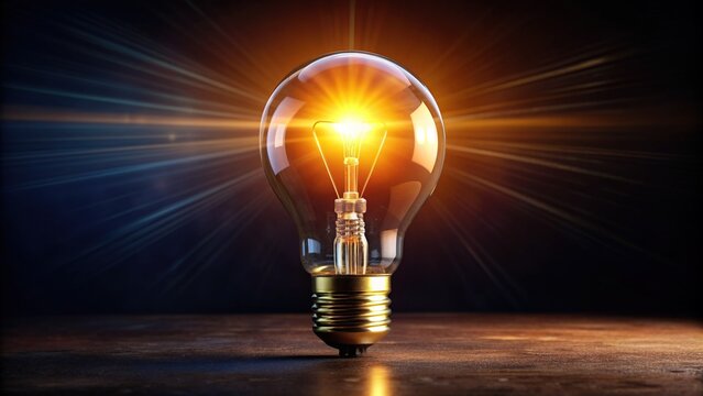 A bright light bulb shines against a dark background, radiating warm glow, symbolizing innovative ideas, creativity, and inspiration, with subtle bulb texture and soft shadows.