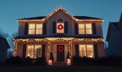 Festively decorated house with holiday lights and wreaths