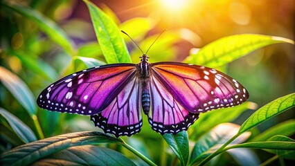 Naklejka premium Vibrant purple monarch butterfly with delicate wings and slender body perched on a soft green leaf, surrounded by lush foliage and warm sunlight.
