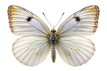 Fototapeta premium Delicate white butterfly with intricate wings and body perches on a clean white background, showcasing its elegant beauty and subtle texture in isolation.