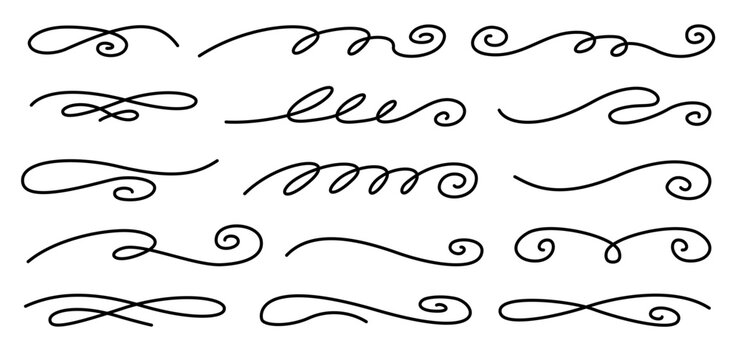 Hand drawn curly thin swishes set. Vector highlight text elements. Calligraphy swirls.