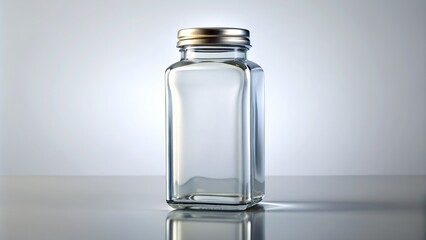 A clear glass rectangular bottle with a silver lid and label stands upright on a white background, surrounded by soft shadows and subtle reflections.