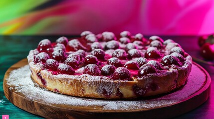 Cherry clafoutis with powdered sugar, displayed on a rustic wooden board against a neon pink and green abstract background