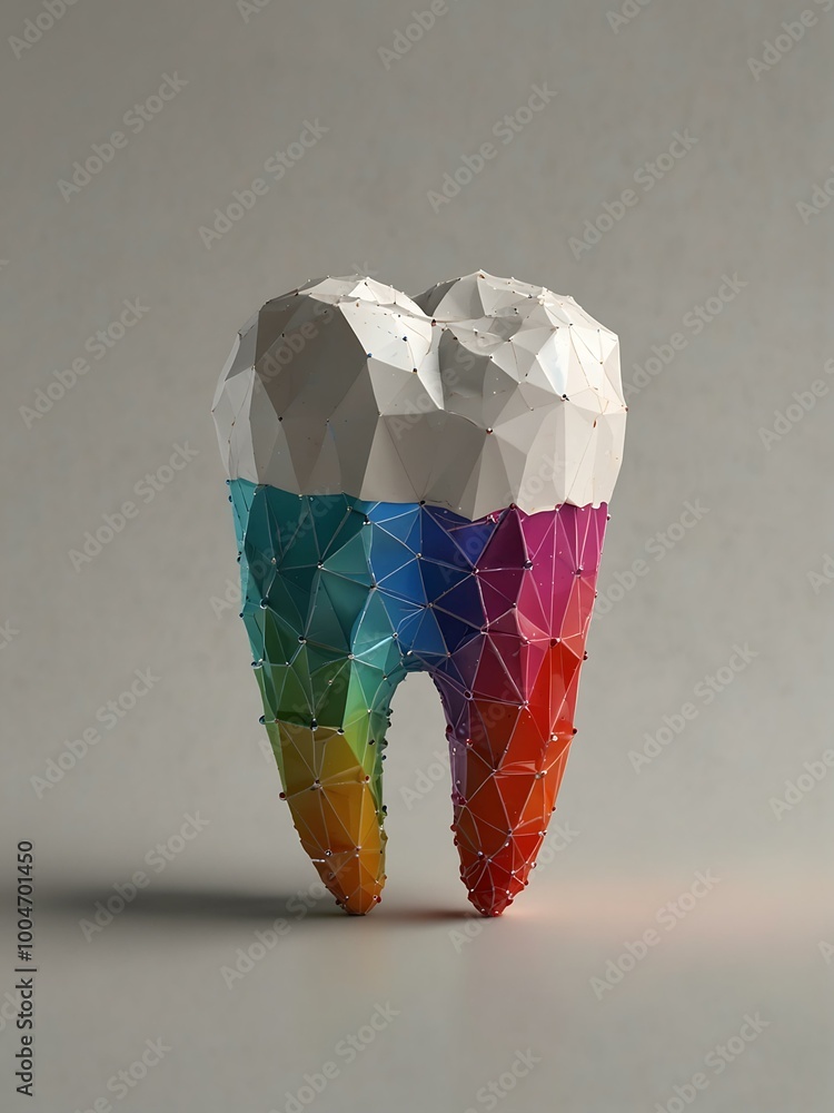 Poster low-poly tooth model made of lines and dots on a white background.