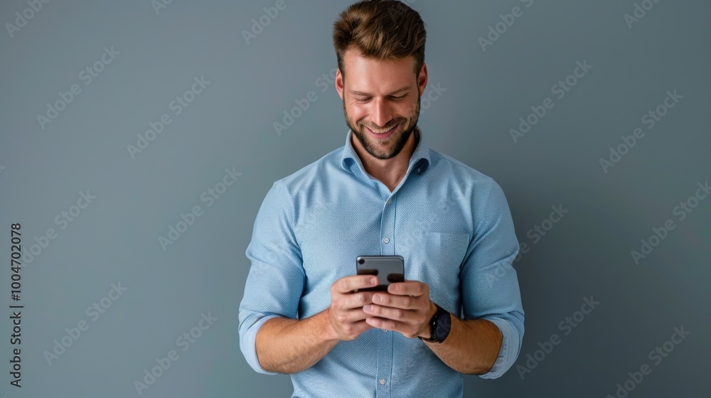 Poster smiling businessman using smartphone in modern context