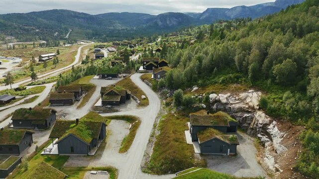 Eco friendly turf roof houses in Grofta Norway Aerial drone view