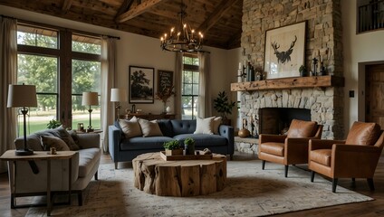 Luxurious farmhouse living room with mid-century rustic furniture.