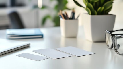 Three blank business cards on a white desk with a laptop, glasses, and a plant in the background.