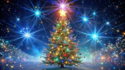 Obraz premium Vibrant starburst explosion of colorful lights and glittering stars against dark blue night sky with snowflakes gently falling around a majestic Christmas tree silhouette.