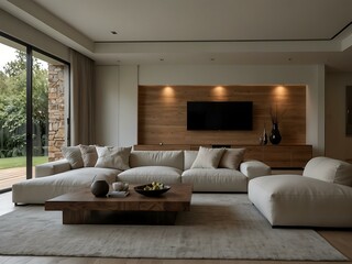 Luxury minimalist living room with large screen and wooden table.