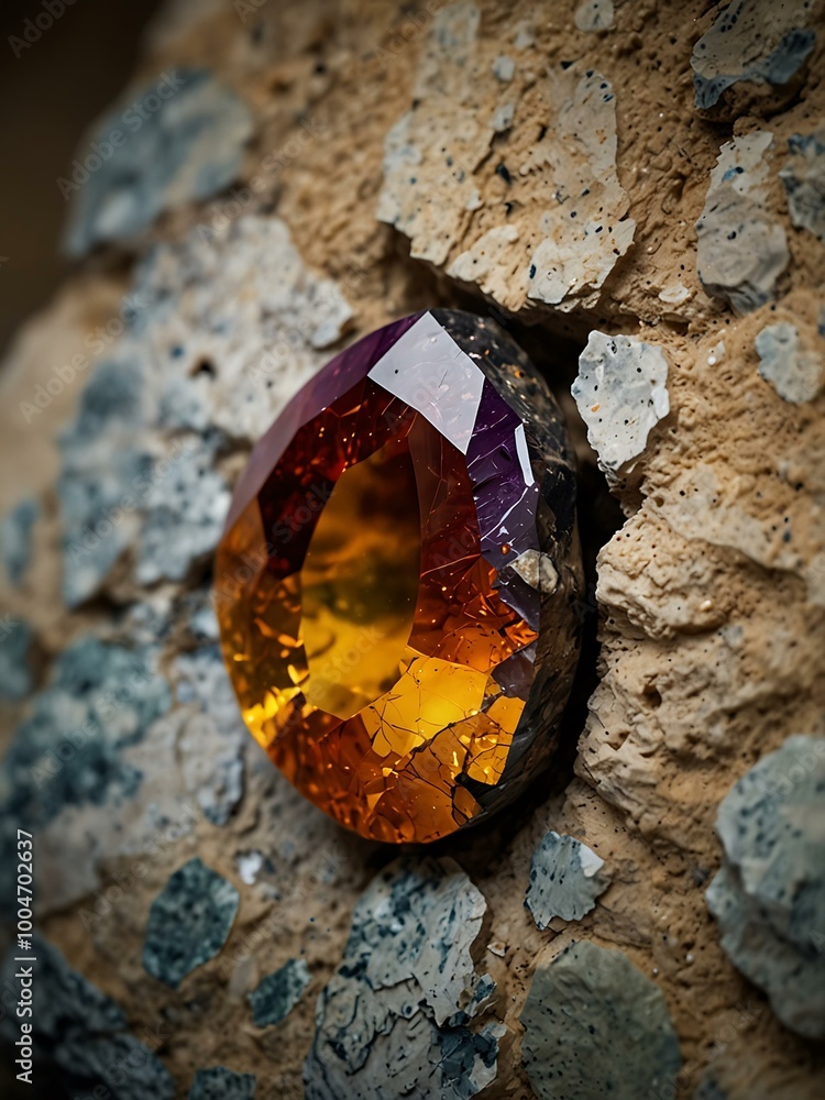 Poster macro shot of a gemstone embedded in raw stone.