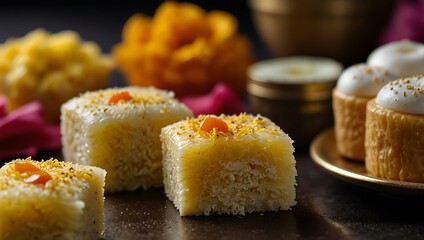 Macro shot of Bhai Dooj sweets showcasing texture and color.