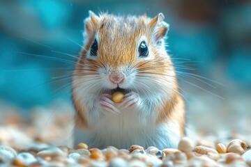Obraz premium a playful gerbil nibbles on a seed inside a glass tank its small and agile body adorned with soft fur making it an appealing pet for children and a delightful subject for closeup imagery