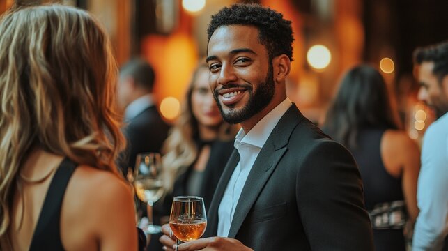 elegant charity gala attendees holding drinks and engaging in conversation during a formal evening event filled with networking and socializing in a luxurious and exclusive setting