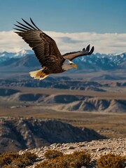 Majestic eagle soaring against a blue sky over rocky landscapes.