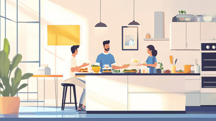 Fototapeta premium A family preparing breakfast together in a bright, modern kitchen. 