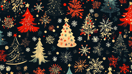 A festive holiday pattern with Christmas trees and snowflakes.