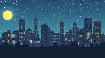 A cityscape with a large moon and bright stars in the night sky.