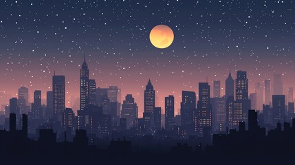 Silhouette of a modern city skyline with a bright moon and starry night sky.