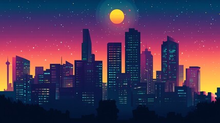 A vibrant cityscape at night with a colorful sky.