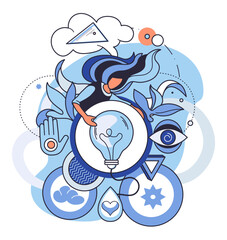 Abstract thinking. A person surrounded by abstract symbols such as a light bulb and leaves indicating creativity innovation and mindfulness. Ideal for creativity innovation mindfulness abstract