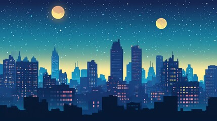 A cityscape silhouette at night with two moons and stars.