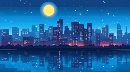 Naklejka premium A vibrant, stylized illustration of a cityscape reflected in water under a bright moon and starry night.