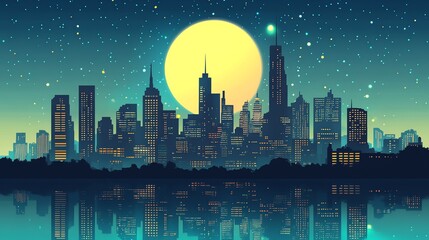 Naklejka premium A cityscape with skyscrapers reflected in a body of water under a full moon and starry sky.
