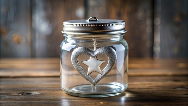A beautiful, decorative glass jar with a silver lid and a small, shiny icon of a heart or a star on its transparent body.
