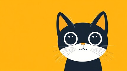 Cute cartoon cat with big eyes on a yellow background.