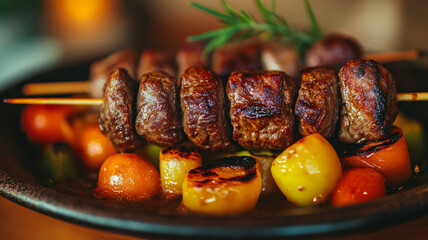 Grilled meat skewers with vegetables garnished with rosemary.