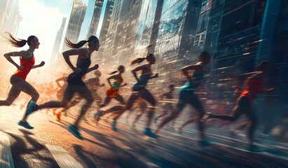 group of runners racing in the city