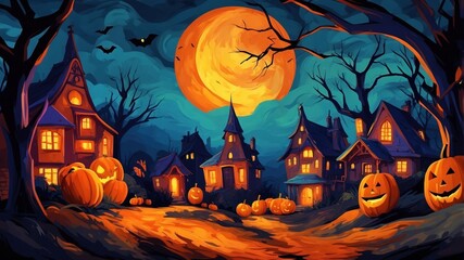 Evening in the land of halloween, haunted houses among trees and pumpkins, painted illustration