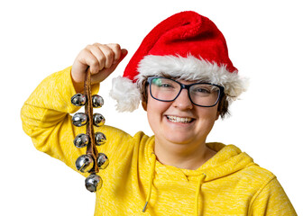 Young woman wearing glasses and festive red Father Christmas Santa hat with white fur edging holding jingle bells - Isolatged on white background