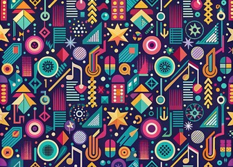 Obraz premium Vibrant retro-inspired seamless vector pattern featuring abstract geometric shapes with textured elements in a harmonic blend of minimalism and musical nuances.