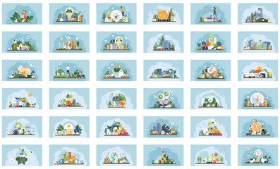 Energy efficiency. Multiple illustrated panels showcasing various aspects of renewable energy, green technologies, and sustainable living practices. Ideal for education, environmental campaigns