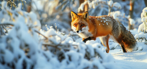 Obraz premium Majestic Red Fox Prowling Through Snowy Forest at Sunrise - Winter Wildlife Photography