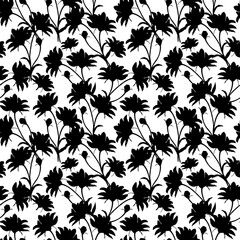 Seamless black and white pattern with flowers