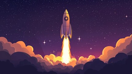 A rocket launches into a starry night sky, leaving behind a trail of smoke and fire.