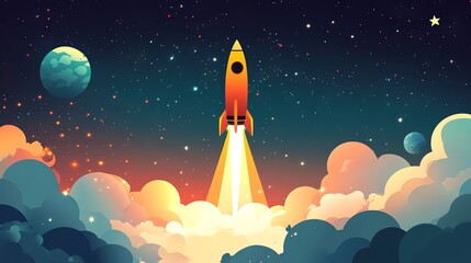 A rocket launches into the starry sky, a vibrant illustration of the cosmos.