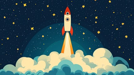 A cartoon rocket blasts off through the night sky with clouds below and stars above.