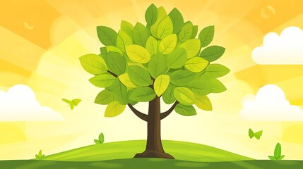 Naklejka premium A green tree with lush leaves stands on a hilltop under a bright yellow sky with white clouds and butterflies.