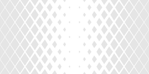 Vector geometric seamless pattern with crystals, rhombuses, diamond shapes. Halftone gradient transition effect. Trending minimal background. Abstract gray and white texture. Repeated modern design