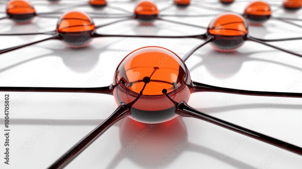 Poster spheres connected by thin lines form a complex network, showcasing a red and black color scheme that
