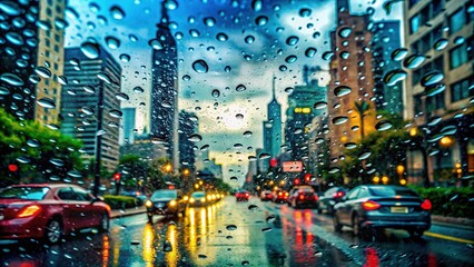 Naklejka premium Blurry cityscape viewed through rain-soaked windshield with water droplets streaming down, creating a distorted urban landscape on a stormy day.