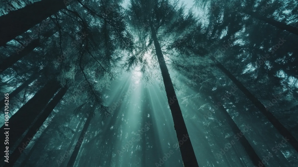 Poster morning light streams down through the canopy, illuminating the misty forest below. tall trees creat